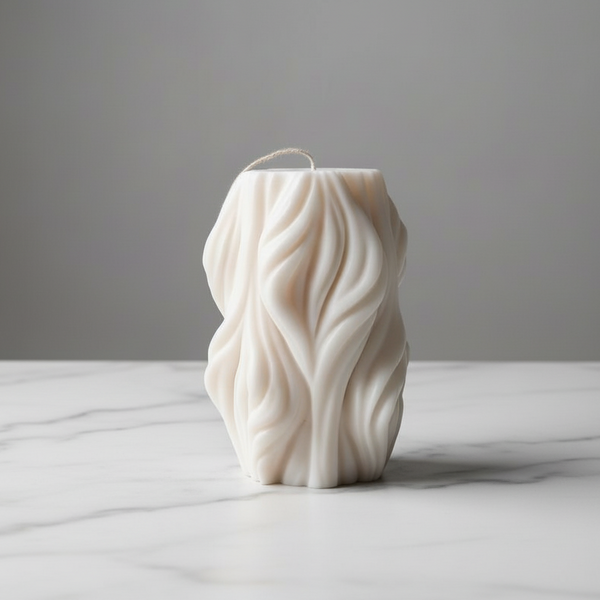 White textured candle on a marble surface with a grey background - gifting two streets over