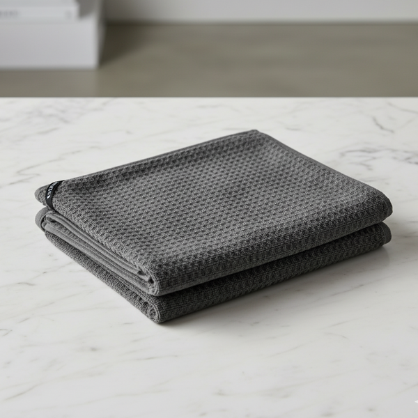 Grey textured towel on a marble surface