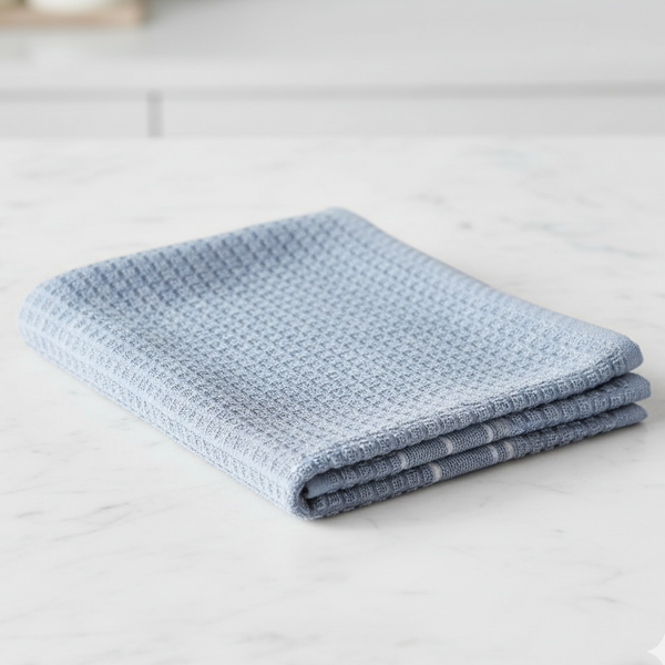 Folded blue towel on a light marble surface
