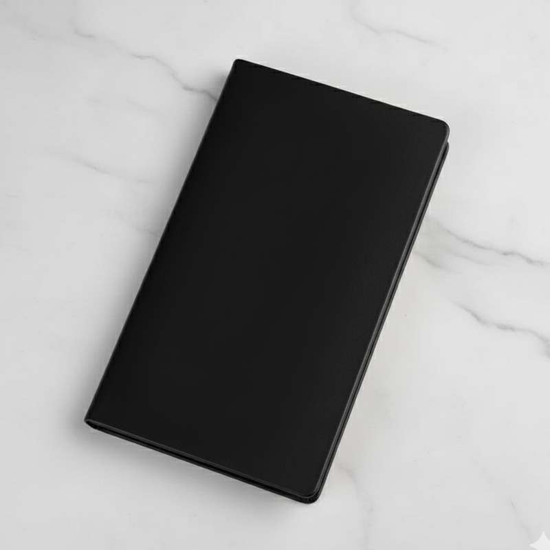 Black notebook on a marble surface