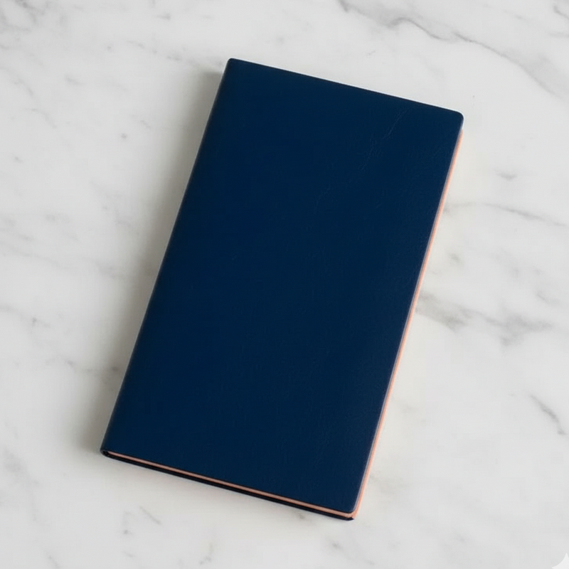 Blue notebook on a marble surface