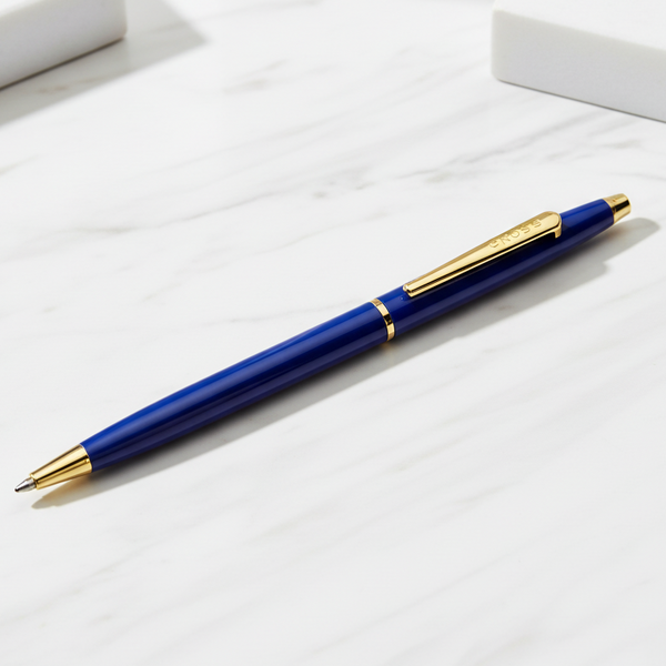 Blue pen with gold accents on a white surface