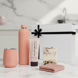 Gift Box with towel, water bottle, reusable cup, soap and moisturiser.