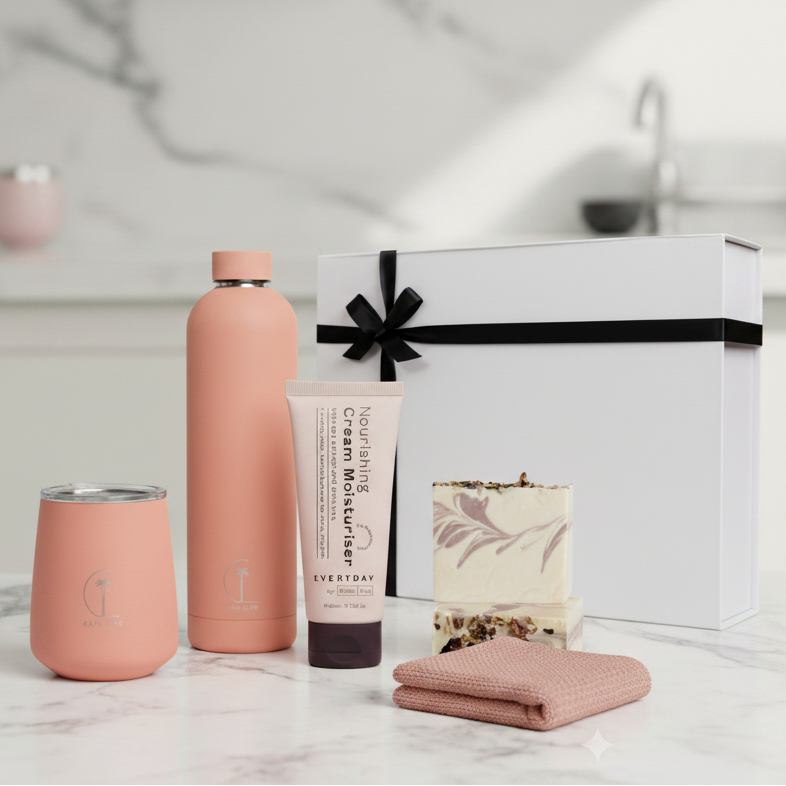 Gift Box with towel, water bottle, reusable cup, soap and moisturiser.